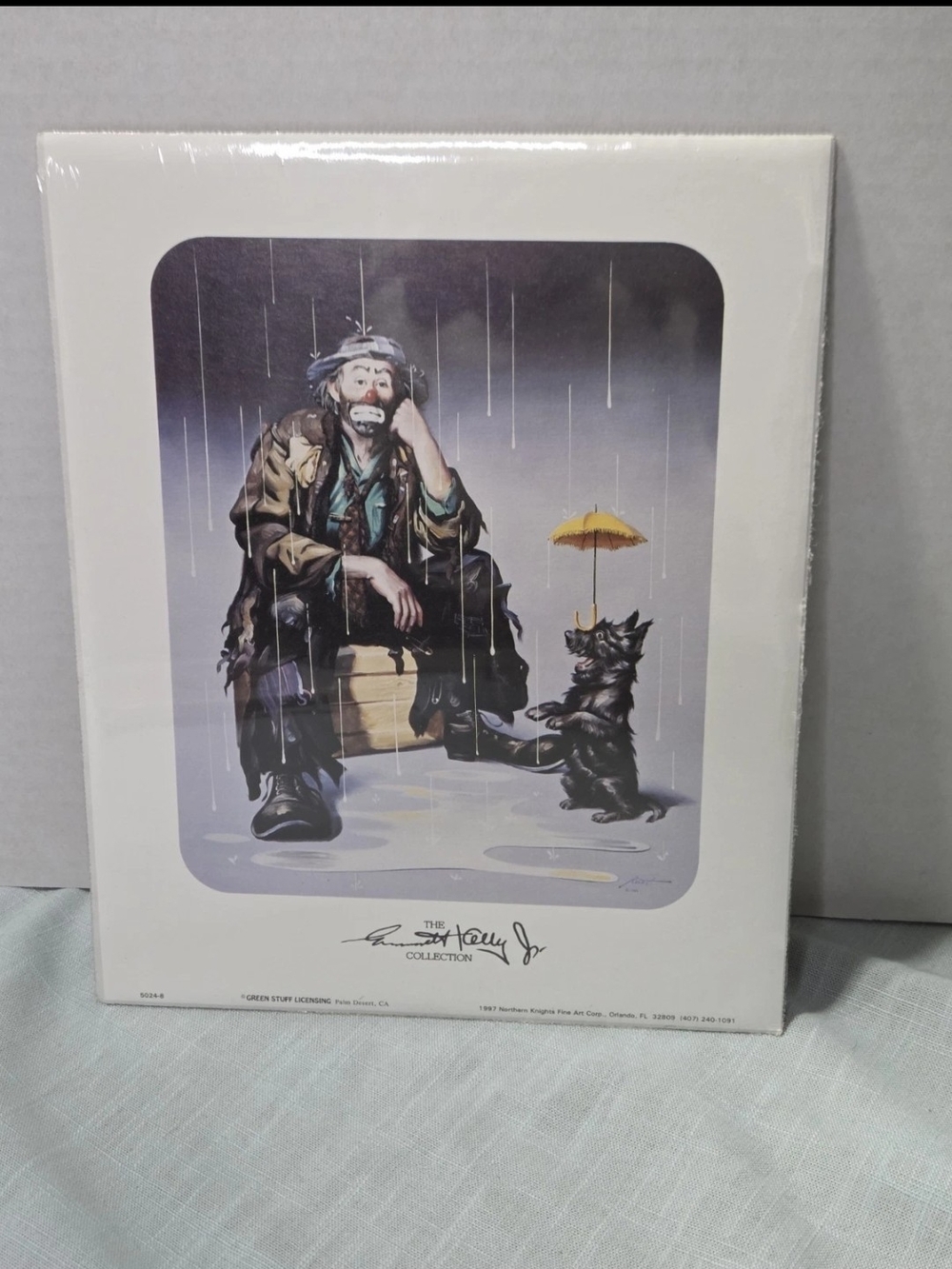 Signed Emmett Kelly Jr Print Art - Clown and Dog in Rain with Yellow Umbrella